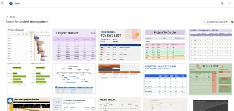 Browsing project management templates in Excel