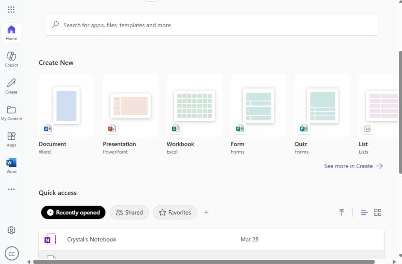 Dashboard of Microsoft 365 free edition.