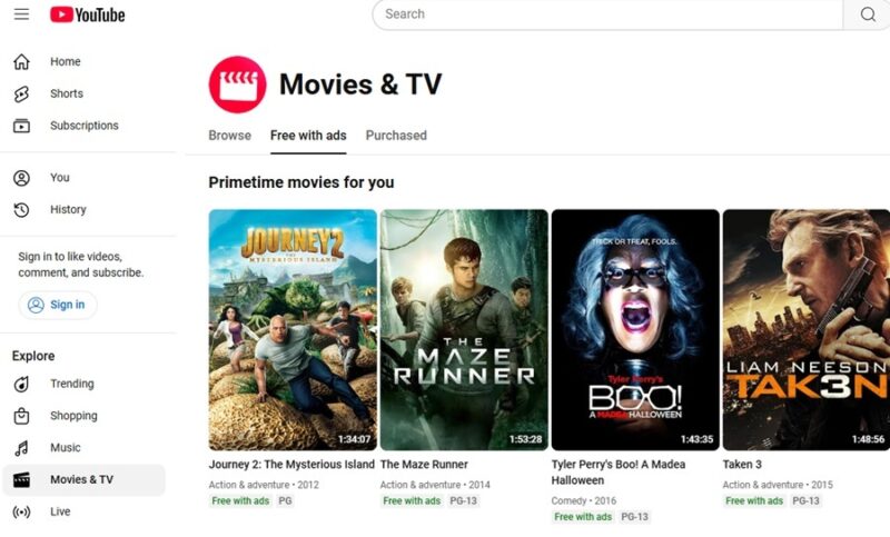 YouTube's free movie section.