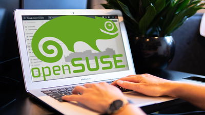 A photograph of a person using a laptop.