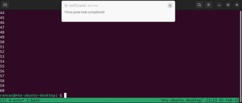 A terminal showing the libnotify toast notification for the running Tmux task.
