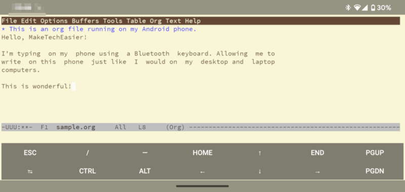 A screenshot showing Emacs running on an Android phone.