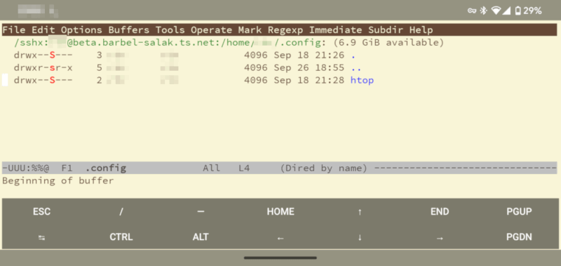 A screenshot showing my Android Emacs client connected to a machine in my Tailscale network.