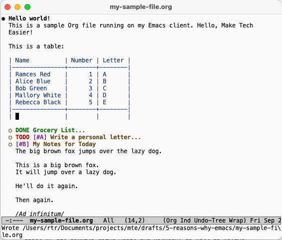 A screenshot showing my entire Emacs "theme" running on my Mac device.