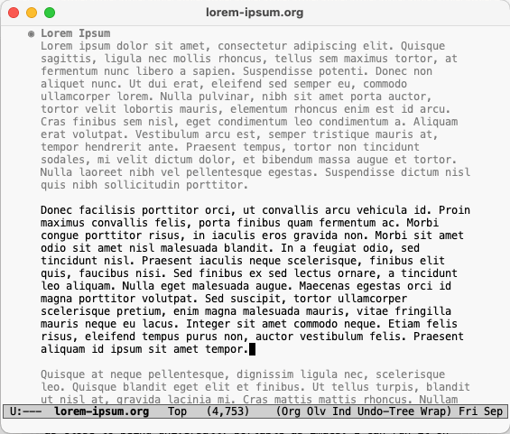 A screenshot showing Emacs with Olivetti Mode and Focus Mode running on an Org document.