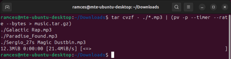 A terminal showing Pv measuring the speed of the Tar compression command.
