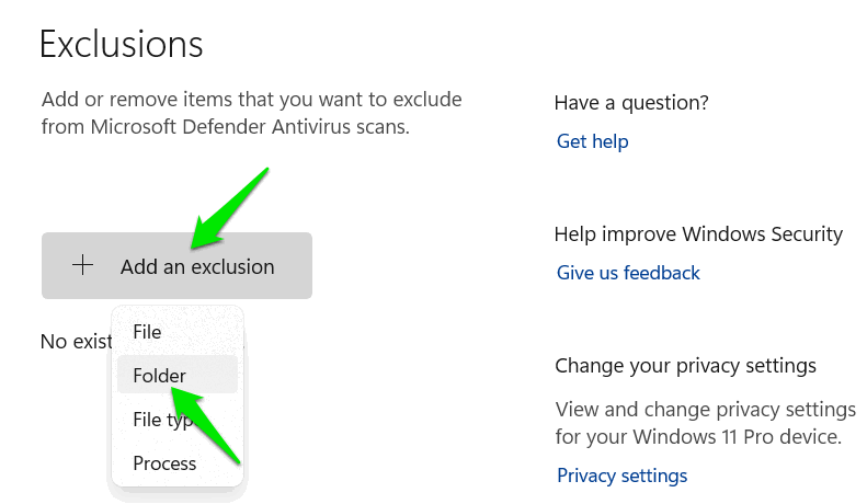 adding folder in Windows defender exclude list