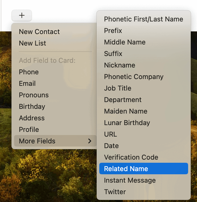 Select new field relationship status on macOS contacts app