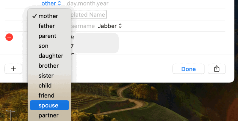 Select relationship for macOS contact