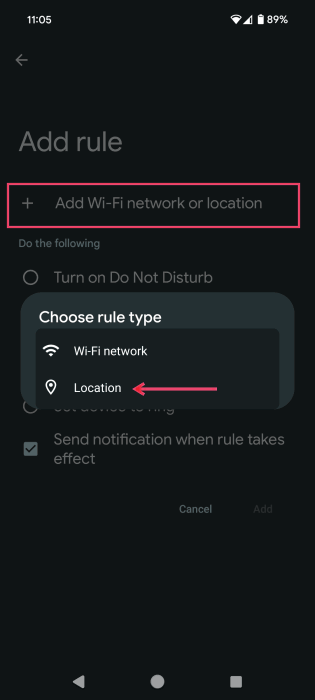 Pressing on "Add Wi-Fi network or location" option on "Add rule" screen on Android. 