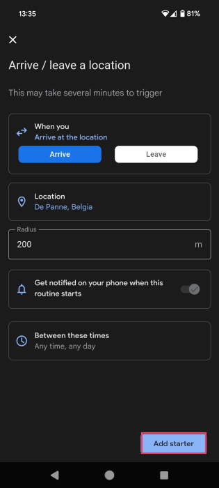 Pressing "Add starter" button in new Routine on Android.