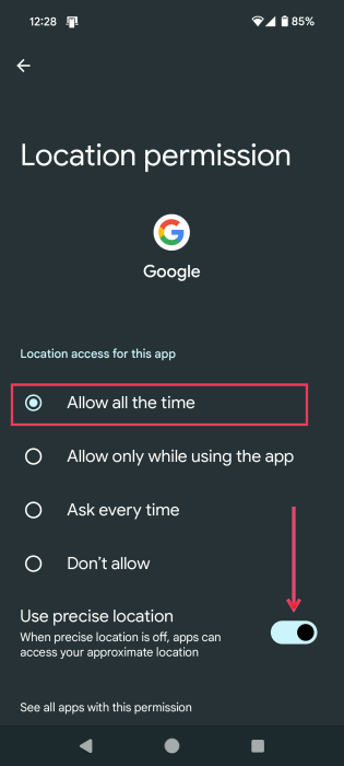 Toggling "Use precise location" option in Location permissions for Google app on Android phone. 