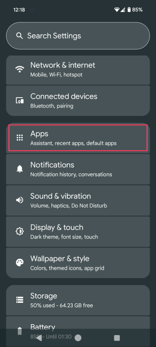 Tapping on Apps in Android Settings. 