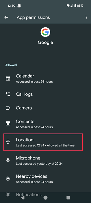 Selecting "Location" in Google app permissions on Android phone. 