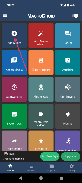 Pressing on "Add Macro" button in MacroDroid app on Android. 