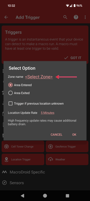 Tapping on "Select Zone" option in MacroDroid app on Android.