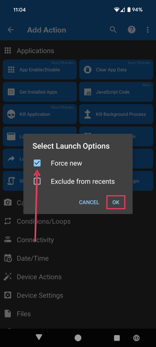 Selecting "Force new" option for app action in MacroDroid app on Android. 