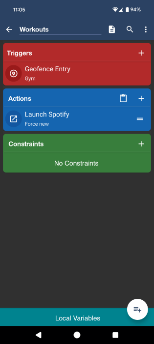 Saving workout routine in MacroDroid app on Android. 