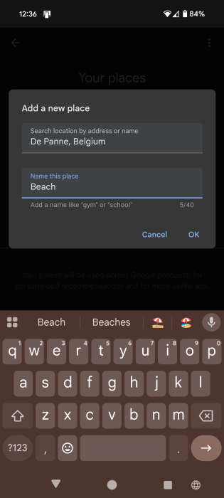 Naming new place on Android. 