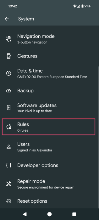 Finding Rules in Android System Settings. 