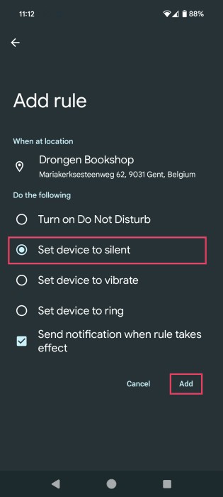 Opting for "Set device to silent" option when adding new Rule on Android. 