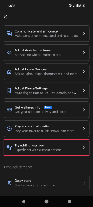 Opting for "Try adding your own" option when creating new Routine on Android. 