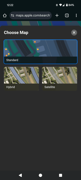 "Choose Map" option in Apple Maps for web on Android device.