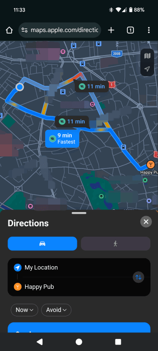 Directions view in Apple Maps for web on Android phone.