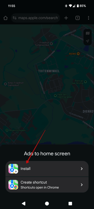 Choosing to "Install" web app on Android phone. 