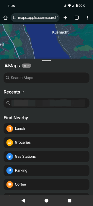 Searching locations nearby in Apple Maps on web on Android phone. 