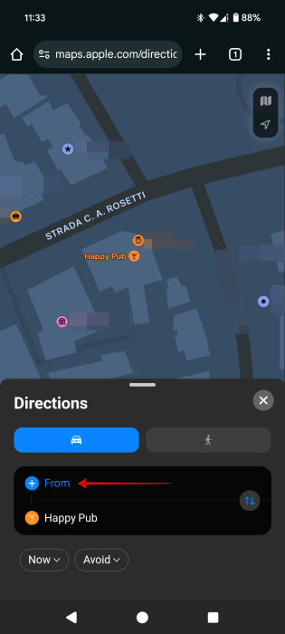 Setting "From" point from Apple Maps on the web on Android device.