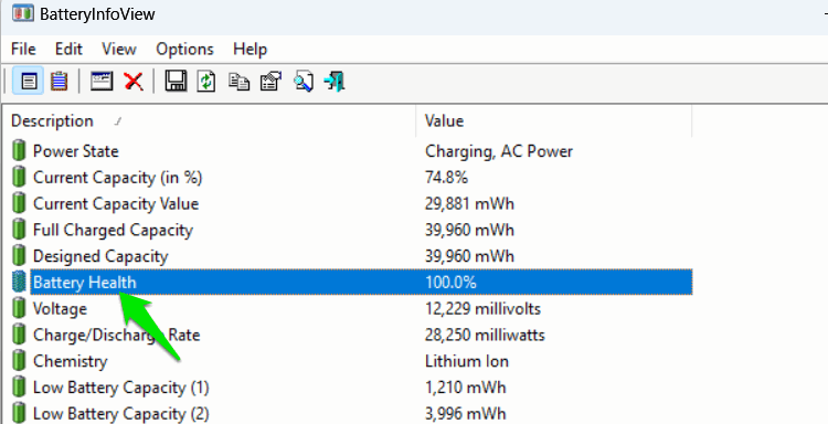 BatteryInfoView showing battery stats and health
