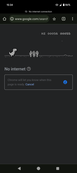 Playing T-Rex game in Chrome mobile browser without Internet.