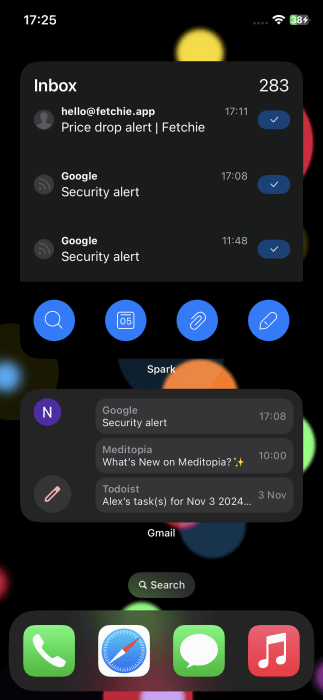 iPhone homescreen showcasing Spark widget at the top and Gmail widget at the bottom.
