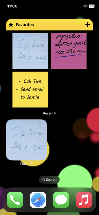Widget view for Post-It app showcasing Sticky Notes on iPhone homescreen.