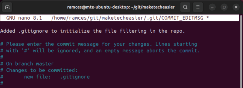 A terminal showing an example commit message.