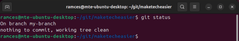 A terminal showing the output of the status subcommand running inside the my-branch branch.