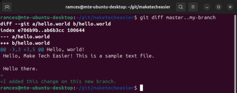 A terminal showing the difference between the two branches in a Git repository.