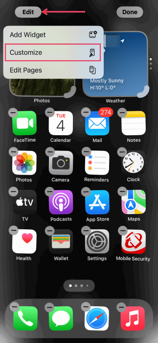 Tapping on "Customize" option on iPhone homescreen. 