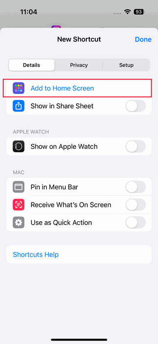 Tapping on "Add to Home Screen" option in new Shortcut creation screen on iPhone. 