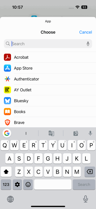 App list view in Shortcuts app on iPhone. 