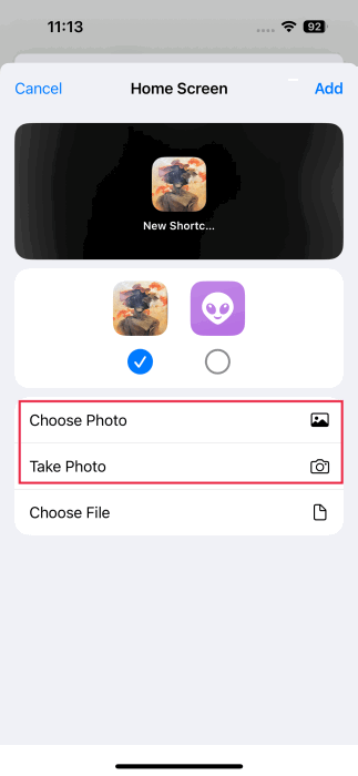 Uploading images from your own gallery to be used as app icon via Shortcuts app on iPhone. 