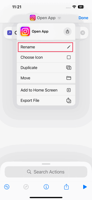 Pressing on Rename option in Shortcuts app on iPhone. 