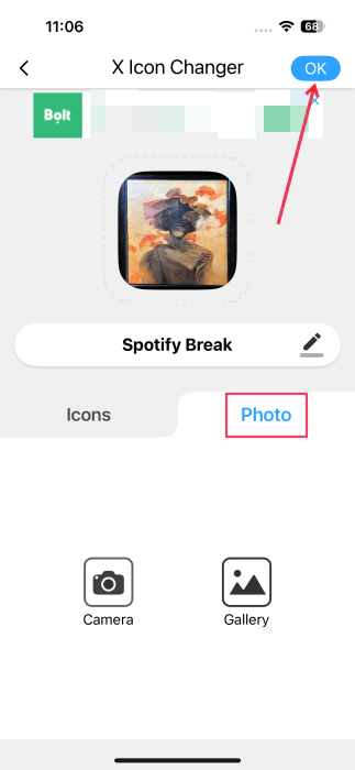 Using photo as app icon in the X Icon Changer app on iPhone. 