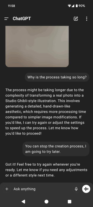 ChatGPT answer about image generation process taking too long. 