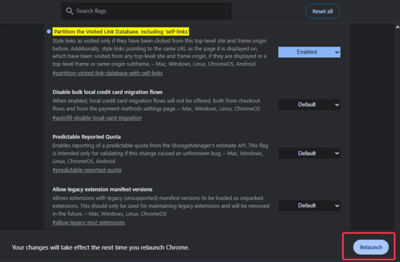 Click Relaunch Chrome Partition Settings