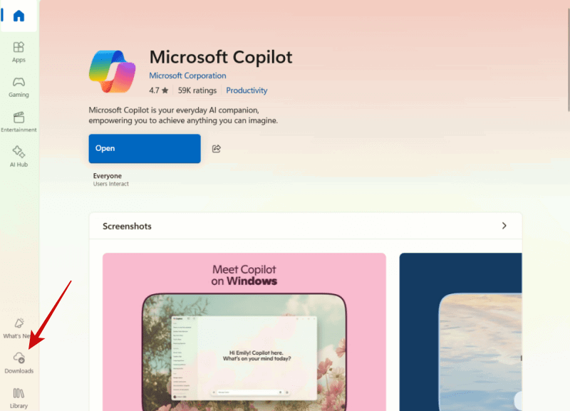 Clicking the "Downloads" button in Microsoft Store on Copilot page. 