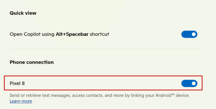 Checking "Phone connection" section in Copilot app on Windows. 