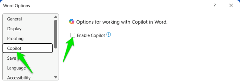 Microsoft Word Option to disable Copilot