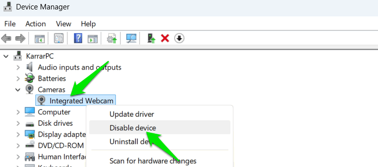 Disabling Webcam Driver in Windows Device Manager